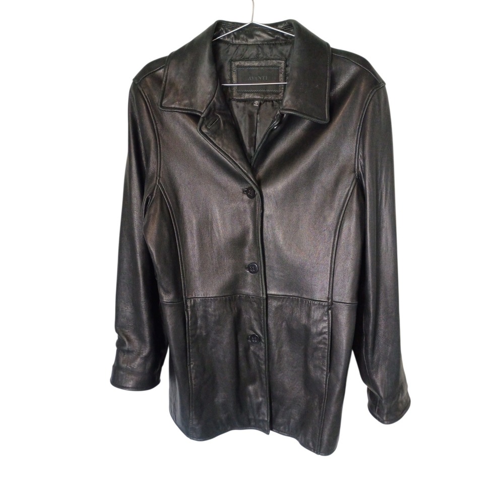 Avanti Vintage Black Leather Jacket Womens XL Collared Button Front Trench Coat
